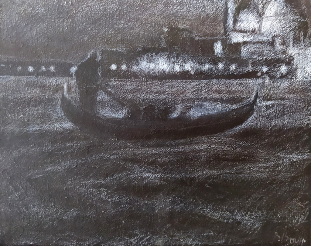 Bernard Bouin “Etude 1 pour Venise” (Crayon pastel blanc sur fond acrylique noir sur toile 24×30)